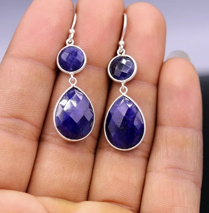 925 sterling silver handmade daily use simulated sapphire hoops earrings s162 TRIBAL ORNAMENTS Earrings