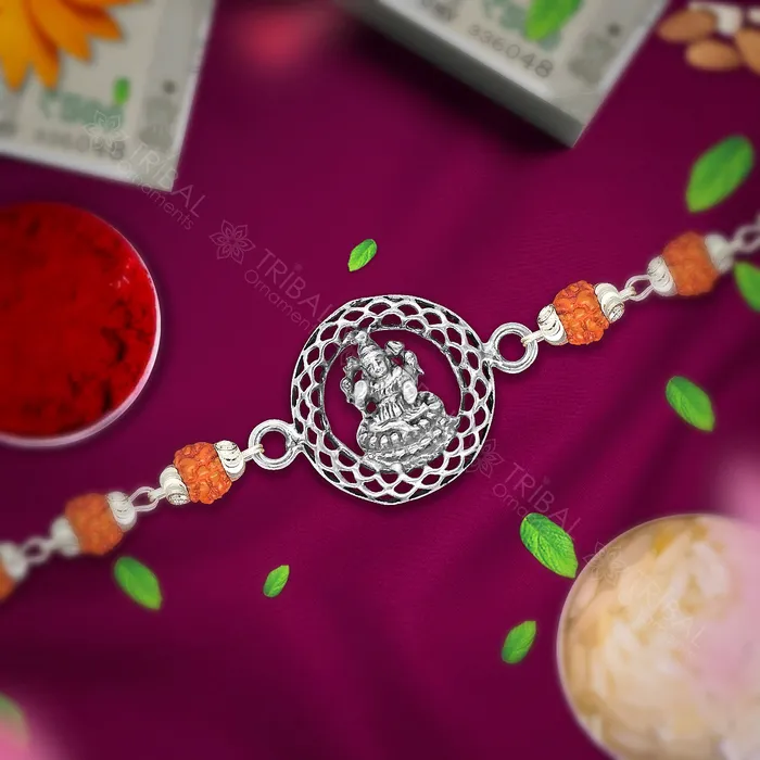 Bracelets TRIBAL ORNAMENTS 925 sterling silver handmade Goddess laxmi lakshmi design Rakhi bracelet amazing Rudrakshablackwihte Tulsi beaded bracelet jewelry rk250