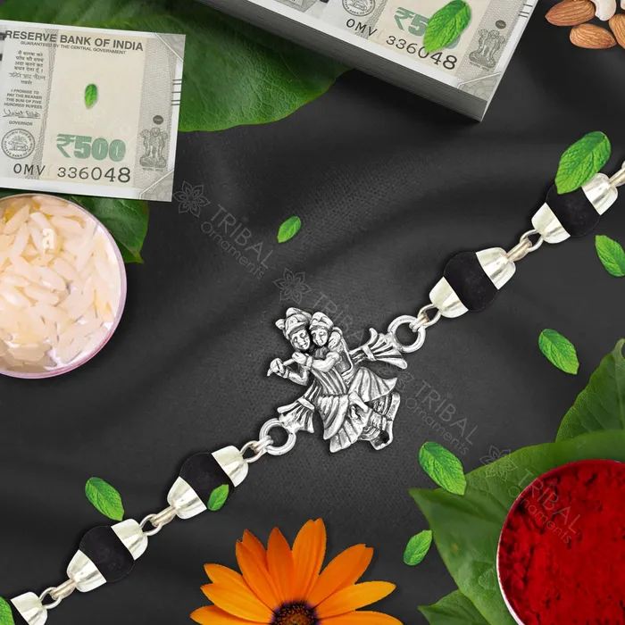 Lord Krishna Radhe Krishna design 925 sterling silver Rakhi bracelet in rudrakshblack basilwhite basil and silver beaded chain rk275 TRIBAL ORNAMENTS Bracelets