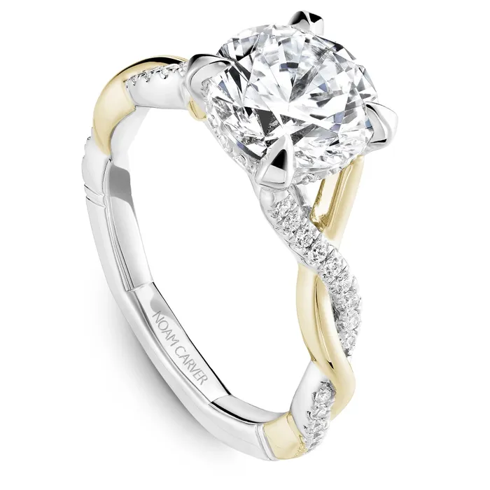 Rings 14K White and Yellow Gold Diamond Semimount Ring Round Diamond Head Twist Shank Noam Carver Rings 14K White and Yellow Gold Diamond Semimount Ring Round Diamond Head Twist Shank Noam Carver
