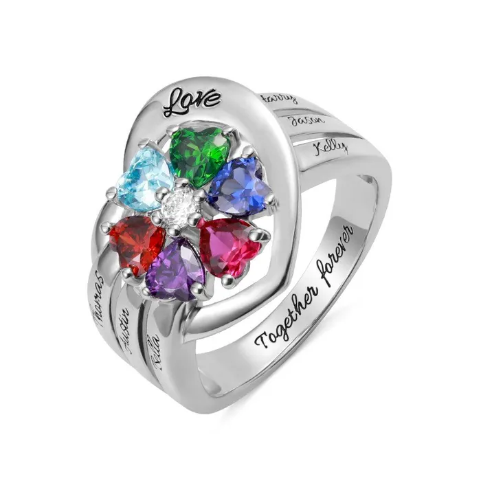 Rings Belbren Personalized Sterling Silver Heart Ring with Custom Birthstones and Engraving