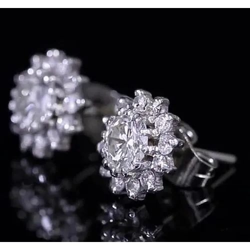 GB Earrings Round Natural Earth Mined Diamond Halo Stud Earring White Gold 14K 175 Carats