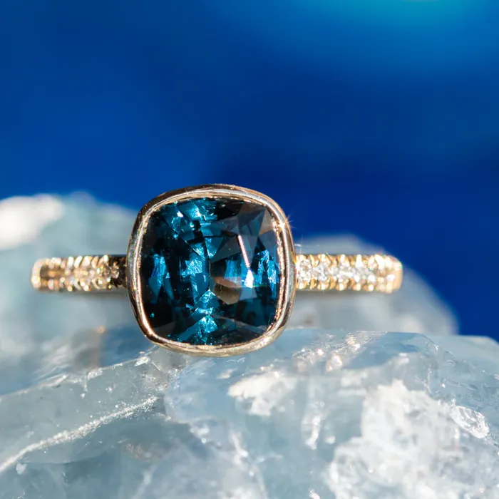 315ct Cushion Cut Spinel Low Profile Bezel Solitaire Ring with French Set Diamonds in 14k Yellow Gold Anueva Jewelry Rings