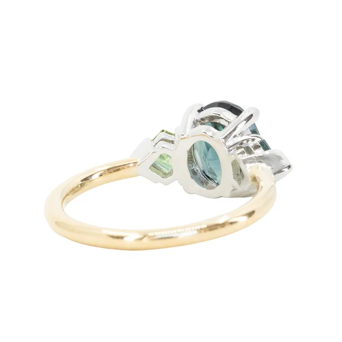 Anueva Jewelry Rings 238ct Three Stone Oval Australian and Shield Cut Sapphire Three Stone Ring in 18k Yellow Gold and Platinum