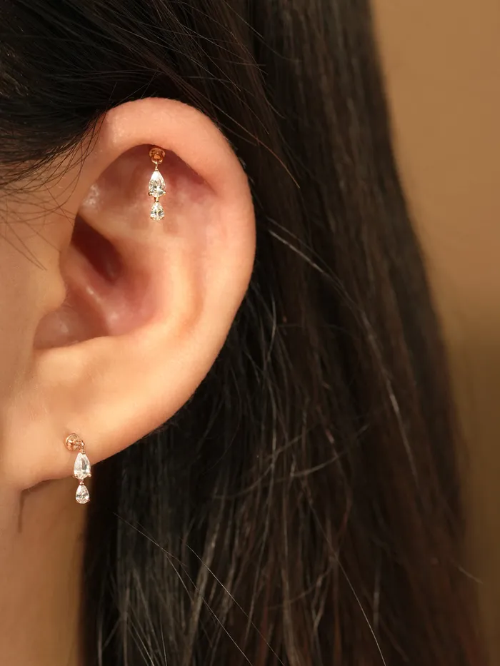 MinimalBijoux Earrings 14K Gold Double Cubic Tear Drop Internally Threaded Labret Piercing 20G18G16G