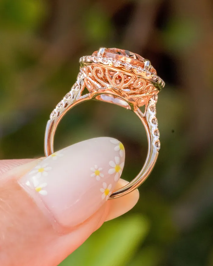 Rings Princess Bride Diamonds 943ct Oval Peach Pink Morganite Ring with Filigree
