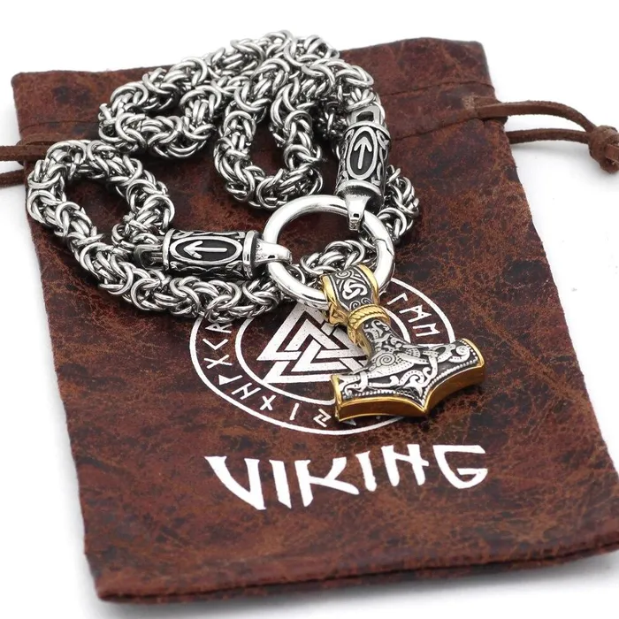 Valhalla Vikings Necklaces Braided King Chain With Runes And Gold Trimmed Mjolnir Pendant
